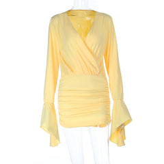 Long flared sleeve v neck ruched solid mini dress