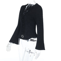 V neck button long sleeve lace hem top