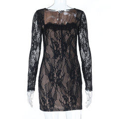 Square neck long sleeve lace mini dress