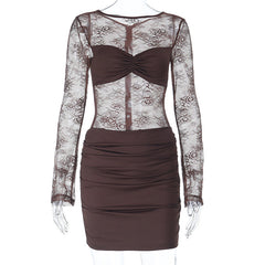 Long sleeve ruched lace zip-up mini dress