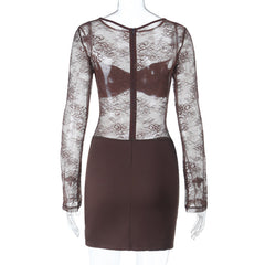 Long sleeve ruched lace zip-up mini dress