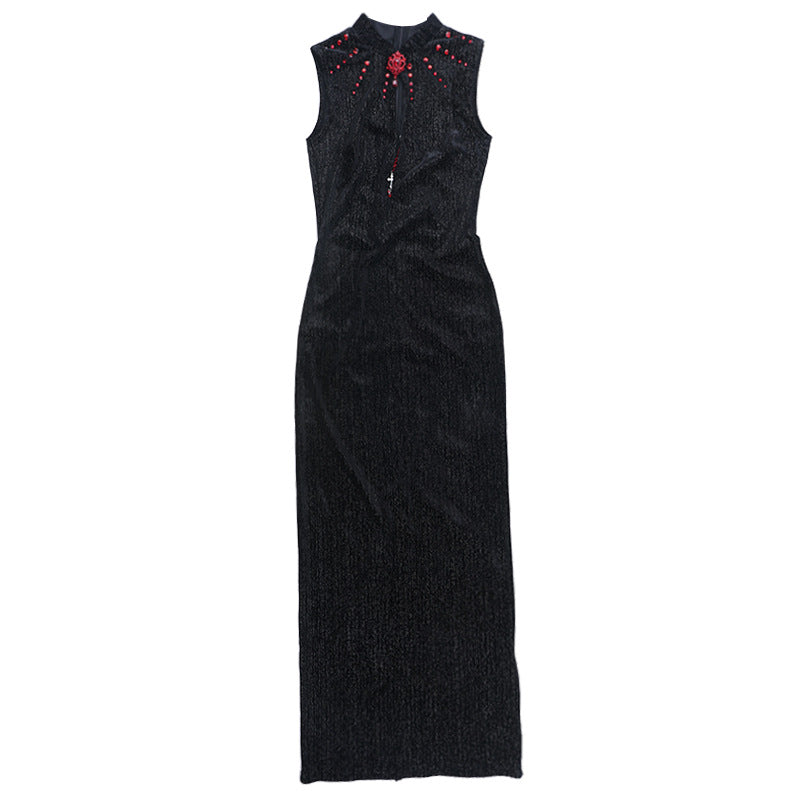 Sleeveless hollow out beaded cut out maxi dress
