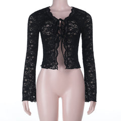 Long sleeve self tie lace crop top