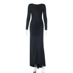 Backless long sleeve ruched maxi dress