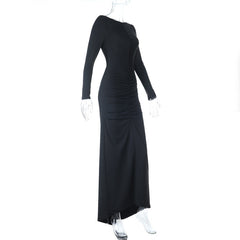 Backless long sleeve ruched maxi dress