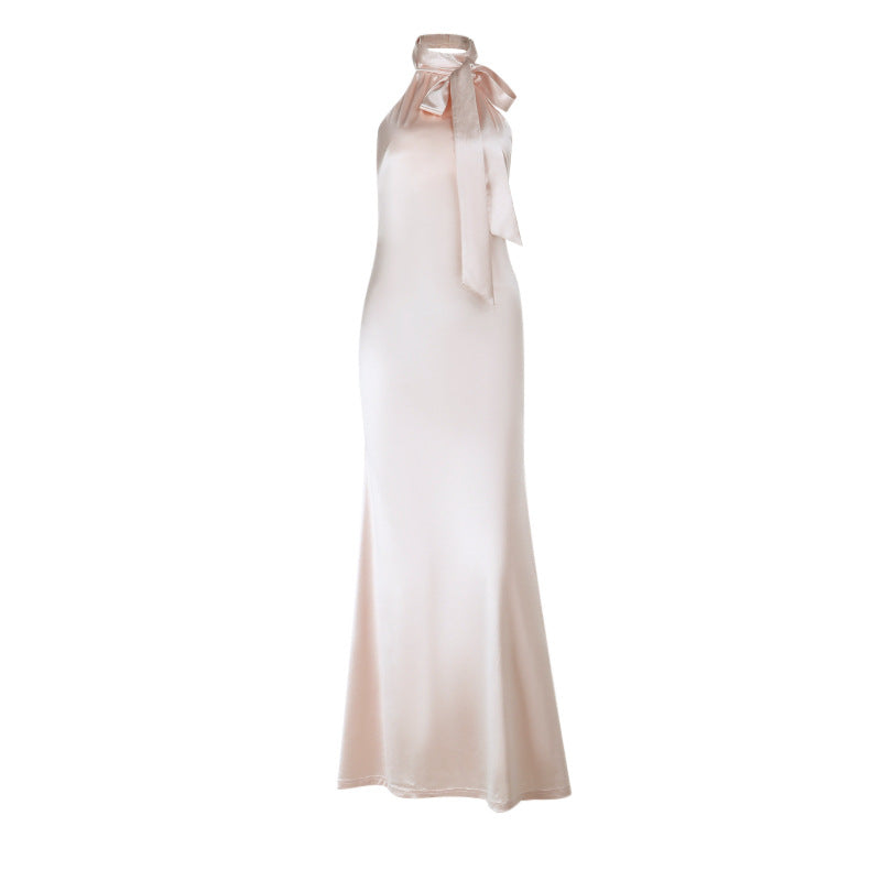 Halter satin button backless maxi dress