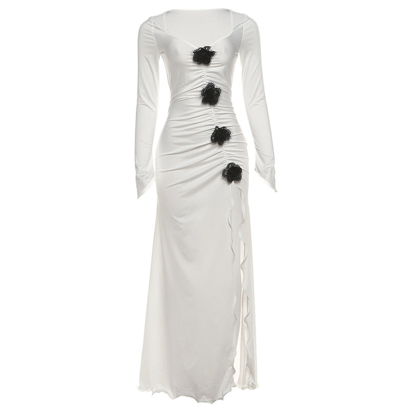 Long sleeve ruched flower applique slit maxi dress