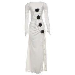 Long sleeve ruched flower applique slit maxi dress