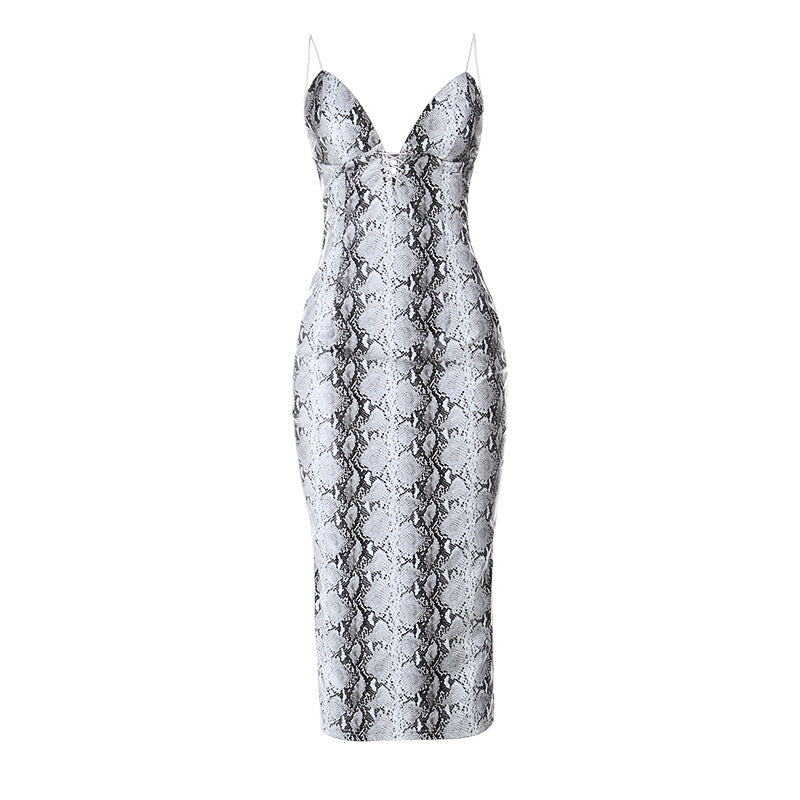 Snakeskin print v neck backless cami maxi dress