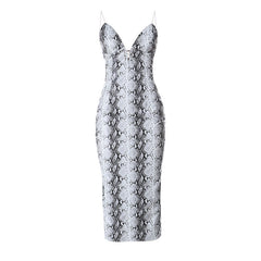 Snakeskin print v neck backless cami maxi dress