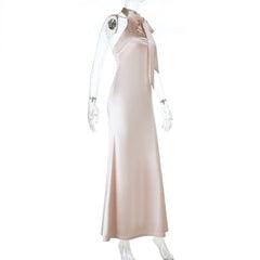 Halter satin button backless maxi dress