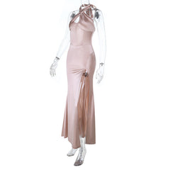 Halter backless satin high slit maxi dress