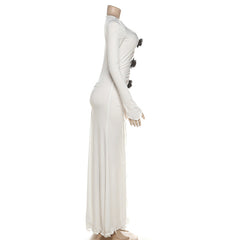 Long sleeve ruched flower applique slit maxi dress