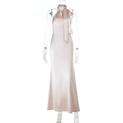 Halter satin button backless maxi dress