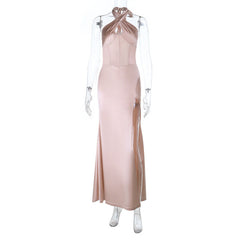 Halter backless satin high slit maxi dress