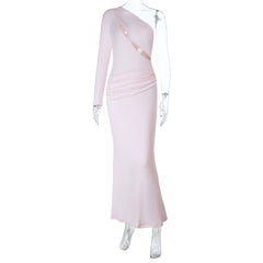 Long sleeve one shoulder hollow out ruched cut out maxi dress