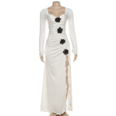 Long sleeve ruched flower applique slit maxi dress