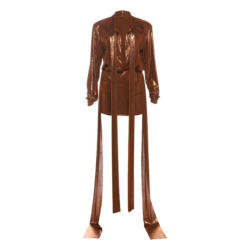 Long sleeve deep v neck metallic mini skirt set