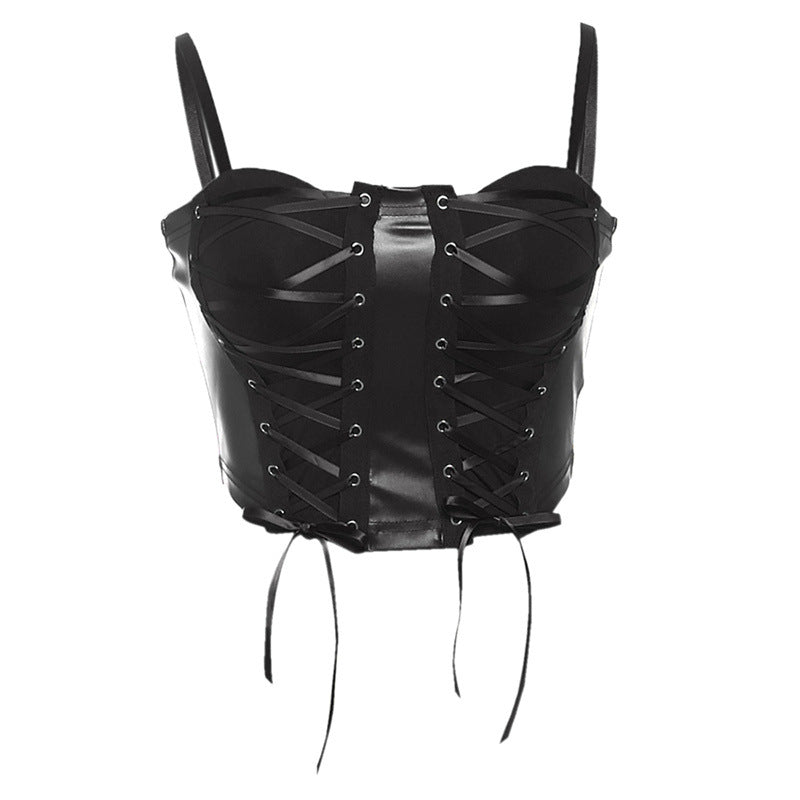 PU leather lace up zip-up cami top