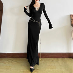 Long sleeve beaded v neck solid maxi dress
