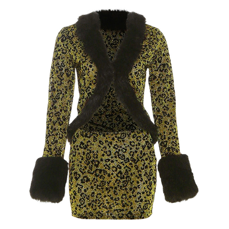 Leopard print fluffy long sleeve mini skirt set