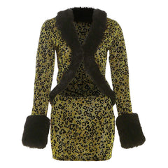 Leopard print fluffy long sleeve mini skirt set