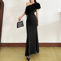 One shoulder solid fluffy maxi dress