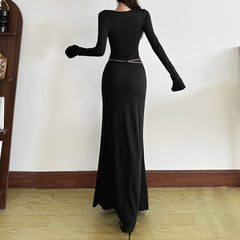 Long sleeve beaded v neck solid maxi dress