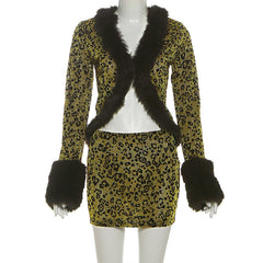 Leopard print fluffy long sleeve mini skirt set