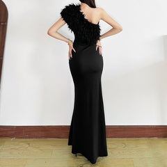 One shoulder solid fluffy maxi dress