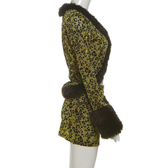 Leopard print fluffy long sleeve mini skirt set