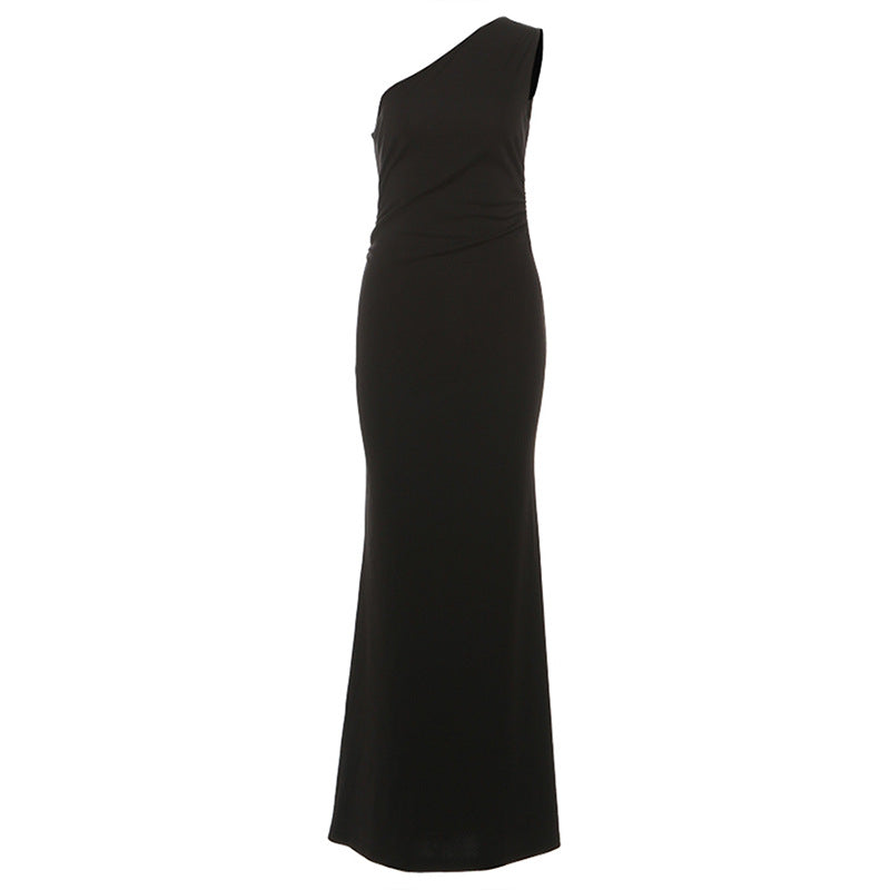One shoulder solid fluffy maxi dress