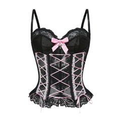 Bowknot button corset lace hem cami top