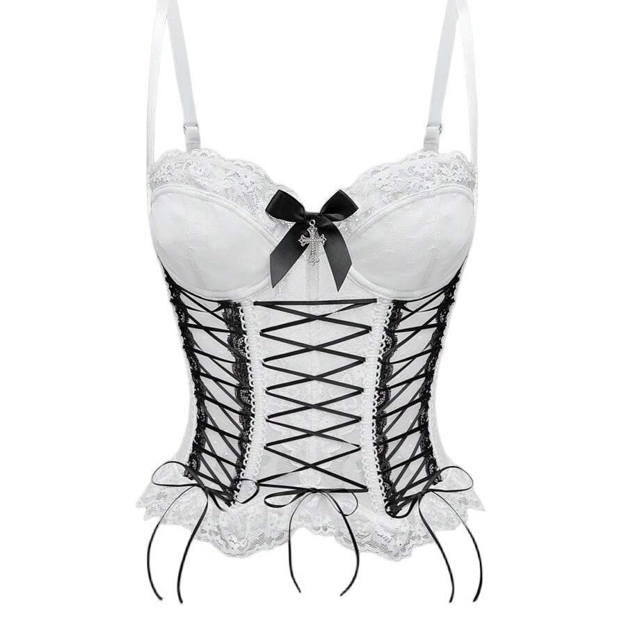 Bowknot button corset lace hem cami top