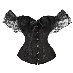 Off shoulder lace hem corset button top