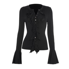 Long flared sleeve button ruffle solid top