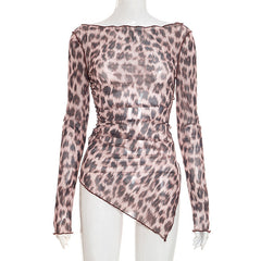 Leopard print irregular long sleeve mesh top