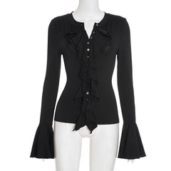 Long flared sleeve button ruffle solid top