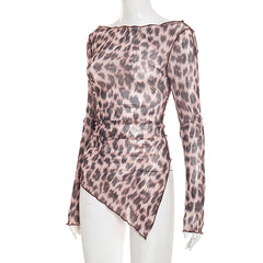 Leopard print irregular long sleeve mesh top