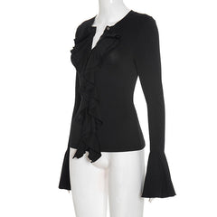 Long flared sleeve button ruffle solid top