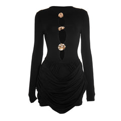 Long sleeve ruched hollow out cut out mini dress