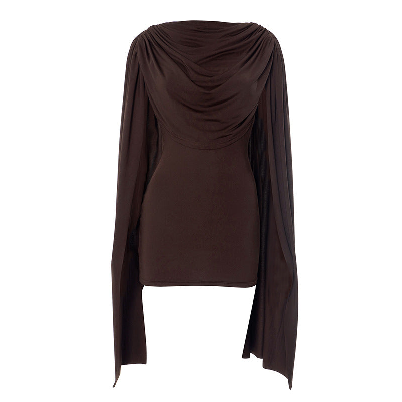 Long flared sleeve solid ruched mini dress
