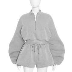 Long sleeve zip-up drawstring short pant set