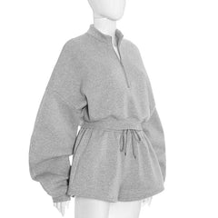 Long sleeve zip-up drawstring short pant set