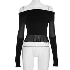 Long sleeve off shoulder ruffle mesh patchwork top