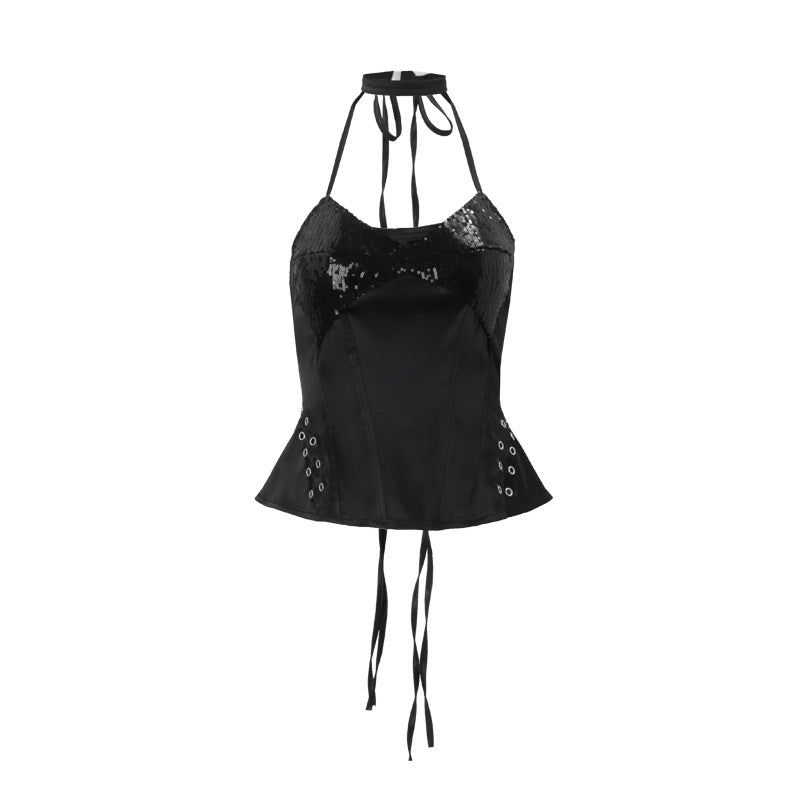 Halter glitter lace up self tie top