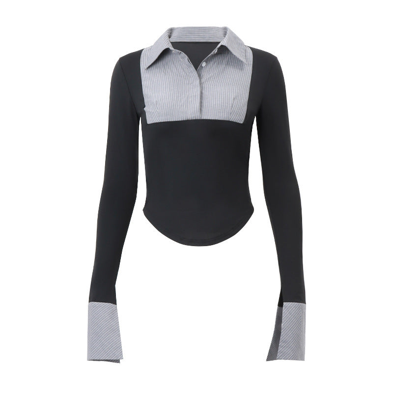 Turnover collar long sleeve button striped print top