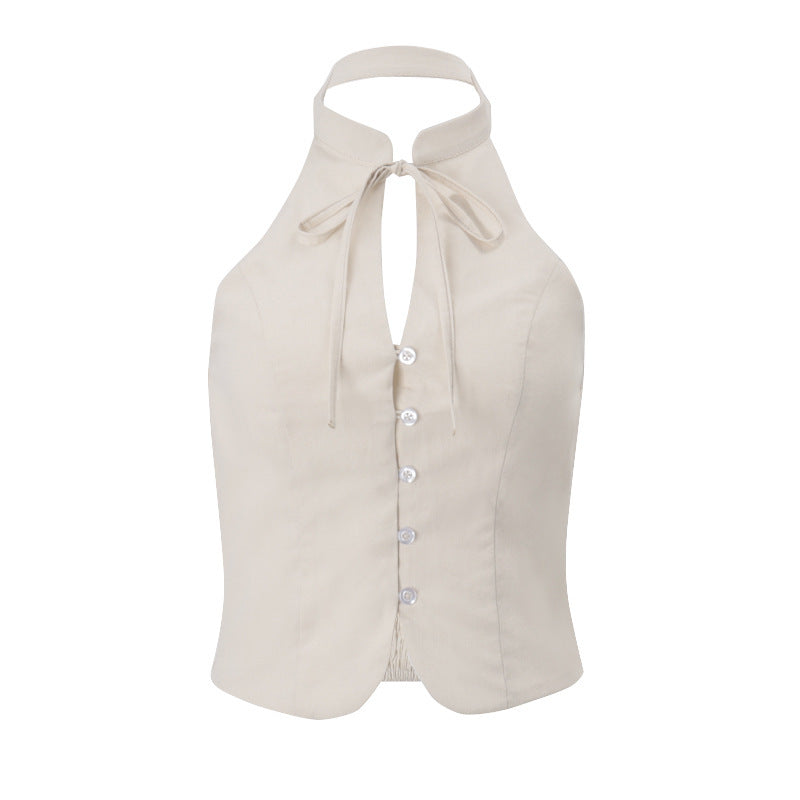 Halter smocked button backless top