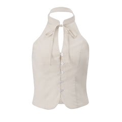 Halter smocked button backless top