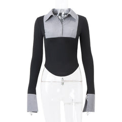 Turnover collar long sleeve button striped print top